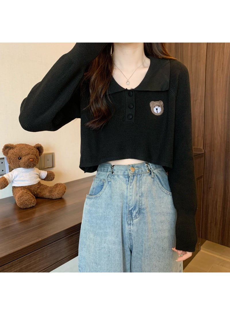 Embroidered Teddy Bear Polo Knit Sweater Black