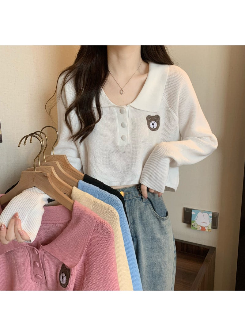 Embroidered Teddy Bear Polo Knit Sweater White