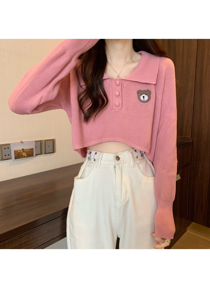 Embroidered Teddy Bear Polo Knit Sweater Pink