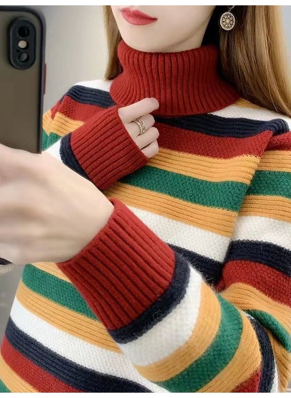 2024 High Collar Knit Sweater Women Autumn Winter New Korean Loose Striped Top 1437 Green