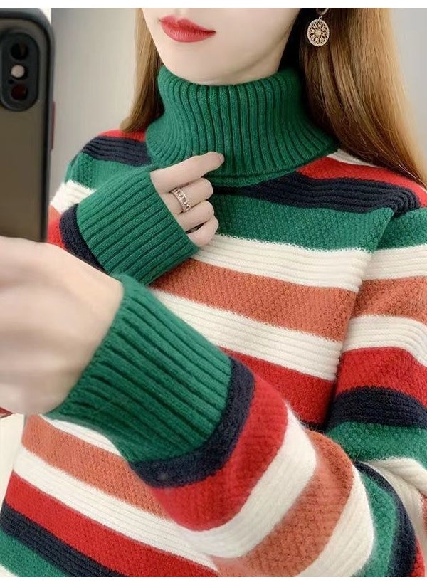 2024 High Collar Knit Sweater Women Autumn Winter New Korean Loose Striped Top 1437 Green