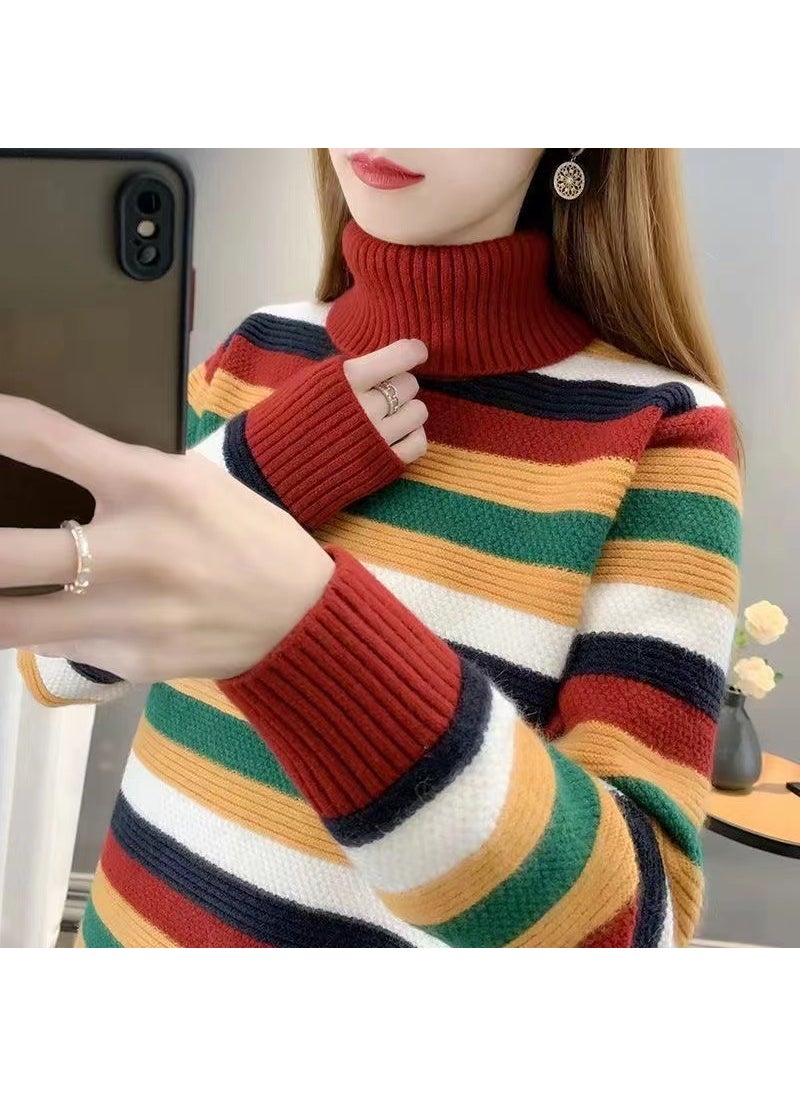 2024 High Collar Knit Sweater Women Autumn Winter New Korean Loose Striped Top 1437 Green