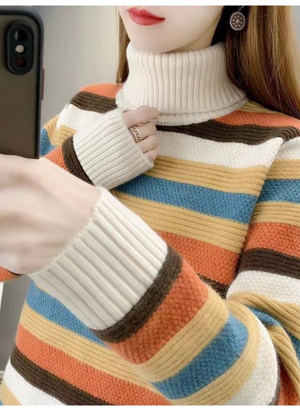2024 High Collar Knit Sweater Women Autumn Winter New Korean Loose Striped Top 1437 Green