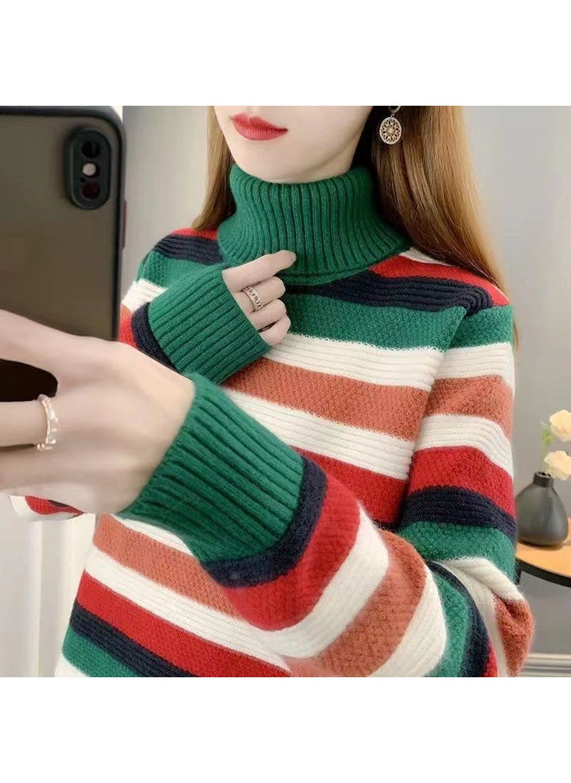 2024 High Collar Knit Sweater Women Autumn Winter New Korean Loose Striped Top 1437 Green