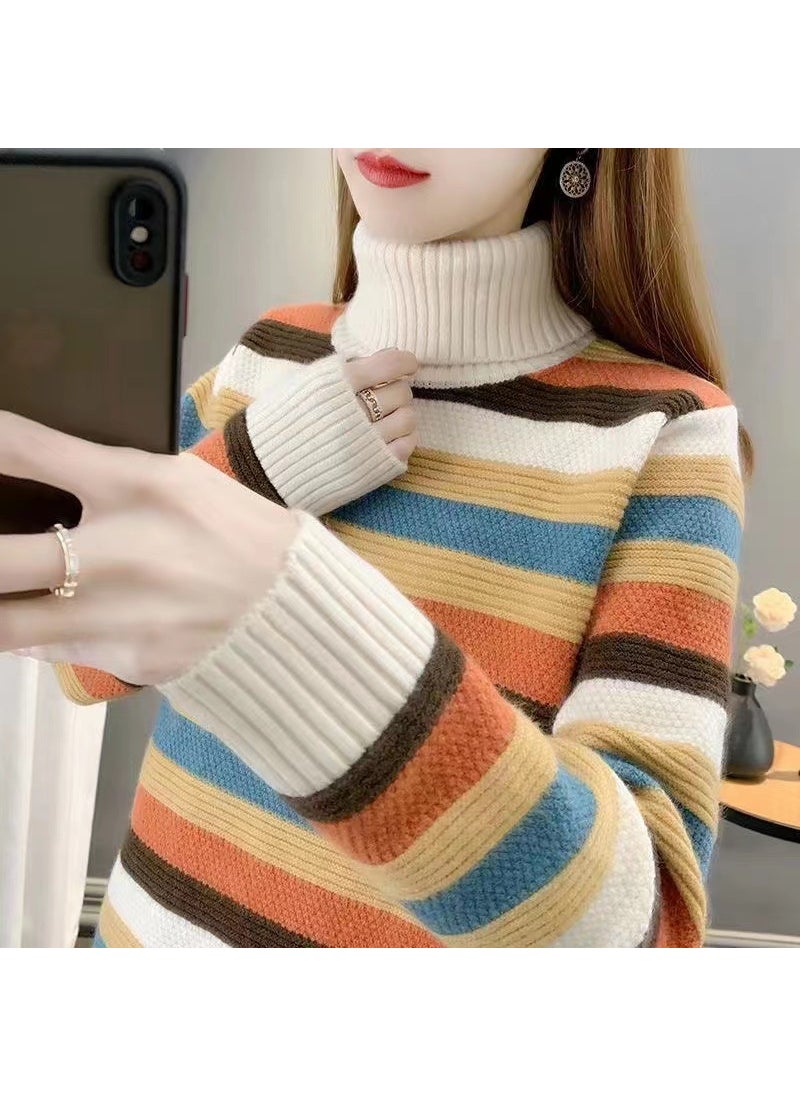 2024 High Collar Knit Sweater Women Autumn Winter New Korean Loose Striped Top 1437 apricot