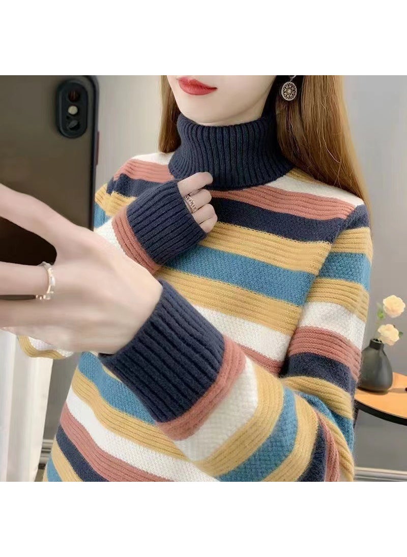 2024 High Collar Knit Sweater Women Autumn Winter New Korean Loose Striped Top 1437 Blue