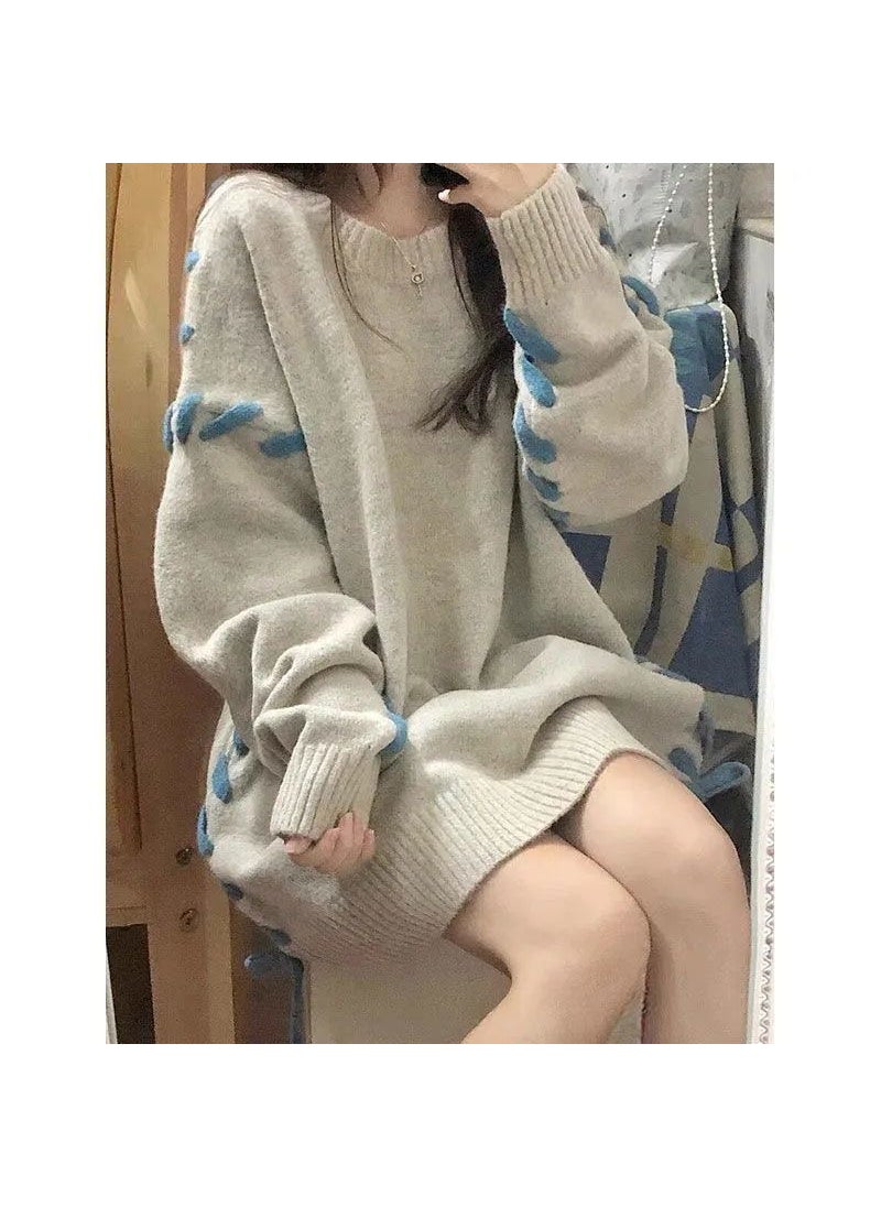 Autumn Winter Korean Sweater Drawstring Loose Knit Pullover Apricot