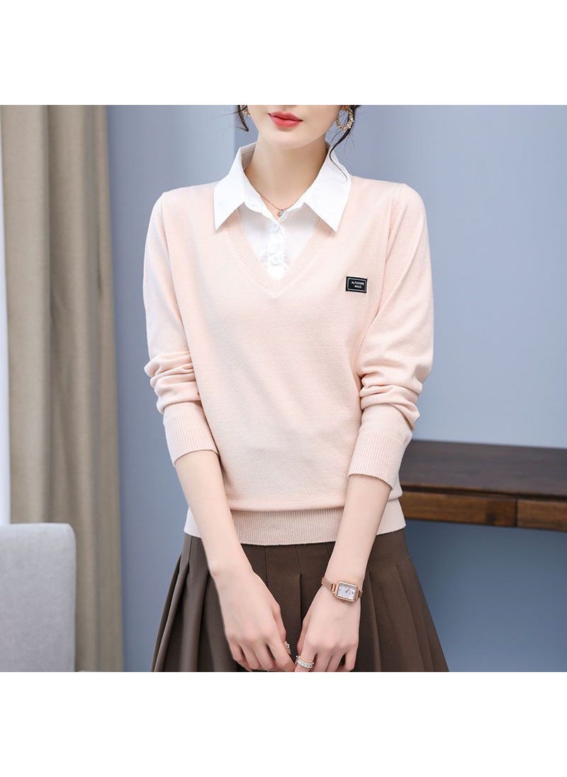 Ladies Faux Two-Piece Sweater 2024 Autumn Winter Korean Fashion Knit Top Off-white