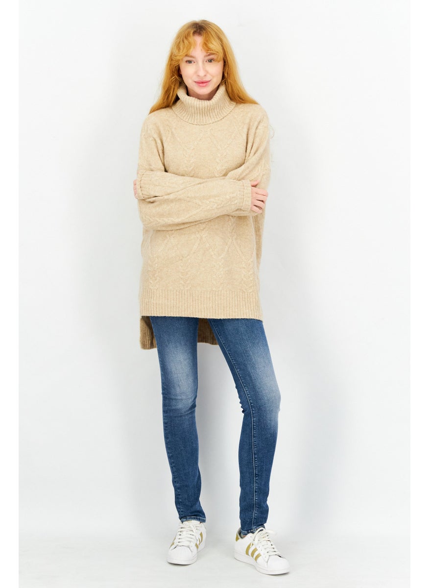 Women Turtle Neck Long Sleeve Knitted Sweaters, Beige