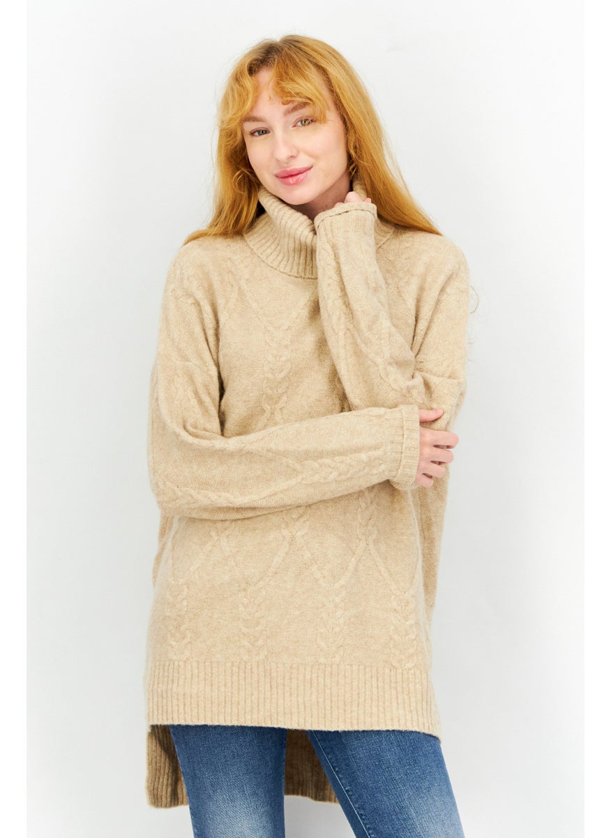 Women Turtle Neck Long Sleeve Knitted Sweaters, Beige