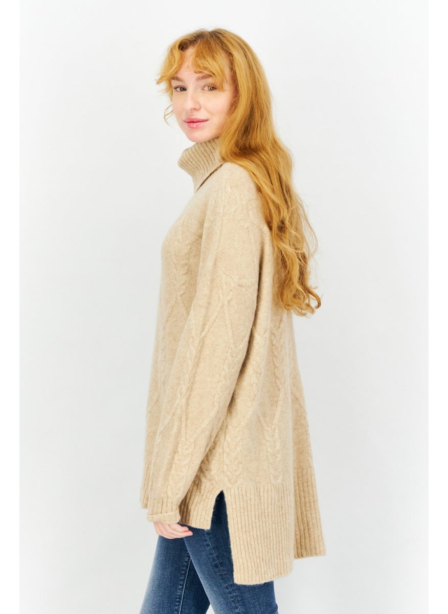 Women Turtle Neck Long Sleeve Knitted Sweaters, Beige