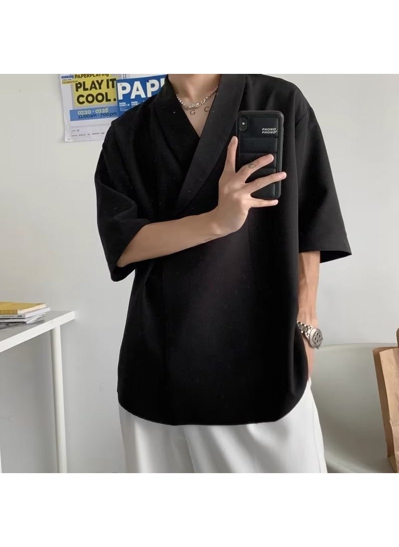 Summer Deep V-Neck Draped Mens Shirt Casual Korean Style T02-black