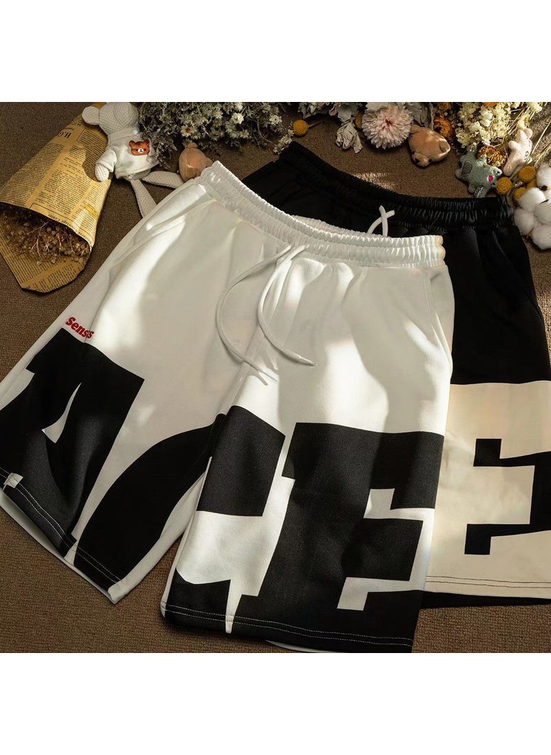 Summer Casual Shorts Men Loose Fit Patchwork Knee-Length White