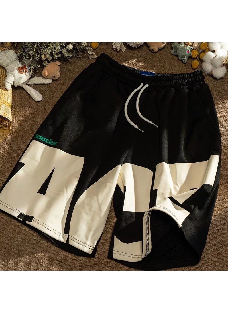 Summer Casual Shorts Men Loose Fit Patchwork Knee-Length White