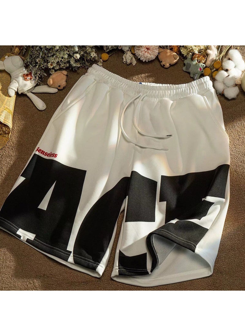 Summer Casual Shorts Men Loose Fit Patchwork Knee-Length White