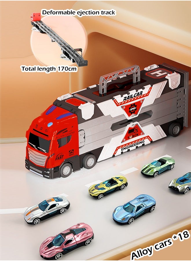 Toy Cars Folding Ejection Race Truck,Transport Container Trucks,18 Alloy Cars, Car with Sound & Light  170 CM,Gifts For Kids 3+ Years