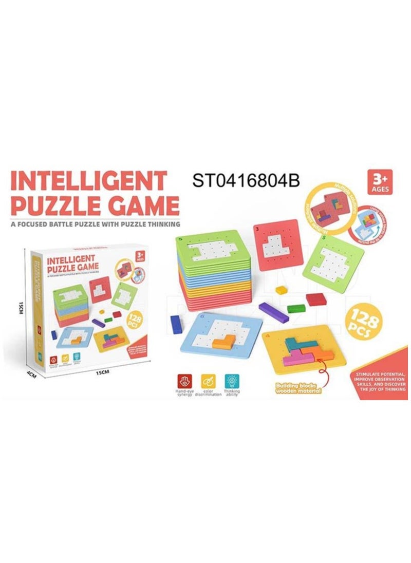 Intelligent Puzzle Game for Kids - 128 Piece Wooden Block Set for Color Recognition, Hand-Eye Coordination, and Critical Thinking Development - Ages 3+