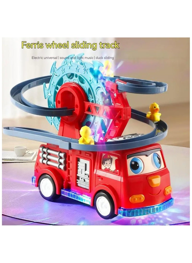 Funny Automatic Stair-Climbing Ducklings Cartoon Race Track Set, Fire Rail Car Duck Swivel Slide, Little Lovely Duck Slide Escalator Toy with Lights and Music