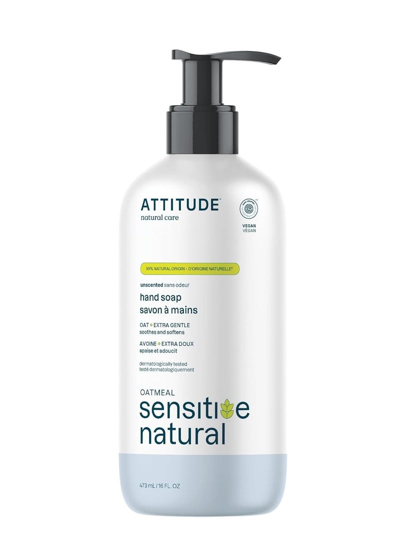 ATTITUDE Hand Soap for Sensitive Skin Enriched with Oat, EWG Verified, Dermatologically Tested, Vegan, Extra Gentle, Unscented, 16 Fl Oz