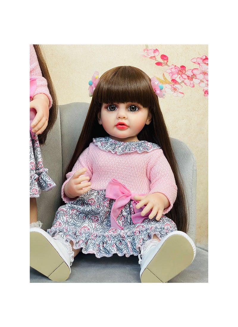 New 55cm Reborn Baby Doll Simulation Toys Smash Flower Skirt Brown Hair Doodle Mouth Bend Legs