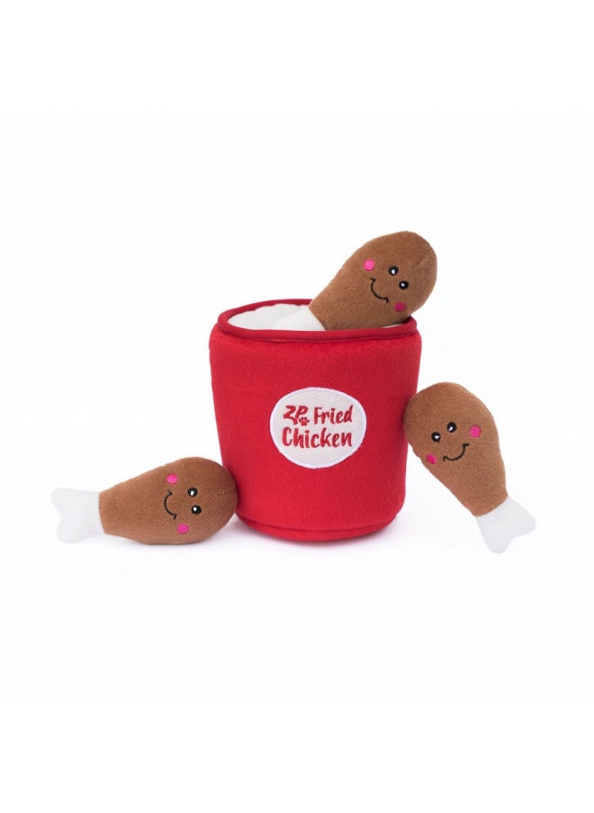 ZippyPaws - Food Buddies Burrow, Interactive Squeaky Hide and Seek Plush Dog Toy - Bucket of Chicken