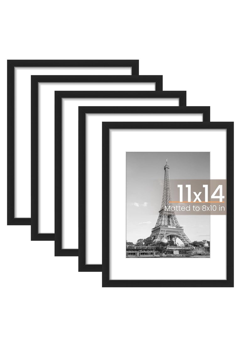 11x14 Picture Frame Set of 5, Display 8x10 Photos with Mat or 11x14 Without Mat, Wall Gallery Photo Frames, Black