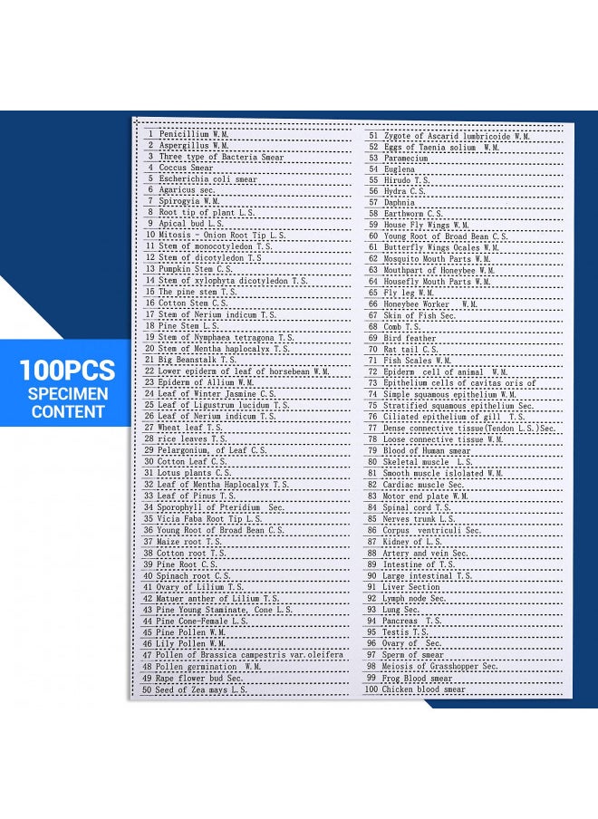 100 Prepared Microscope Slides with Specimens for Kids Adults - Bacterium, Fungus, Human Tissues, Mitosis, Plants, Insects, Animals Cells Samples for Biological Science Lab, School Students