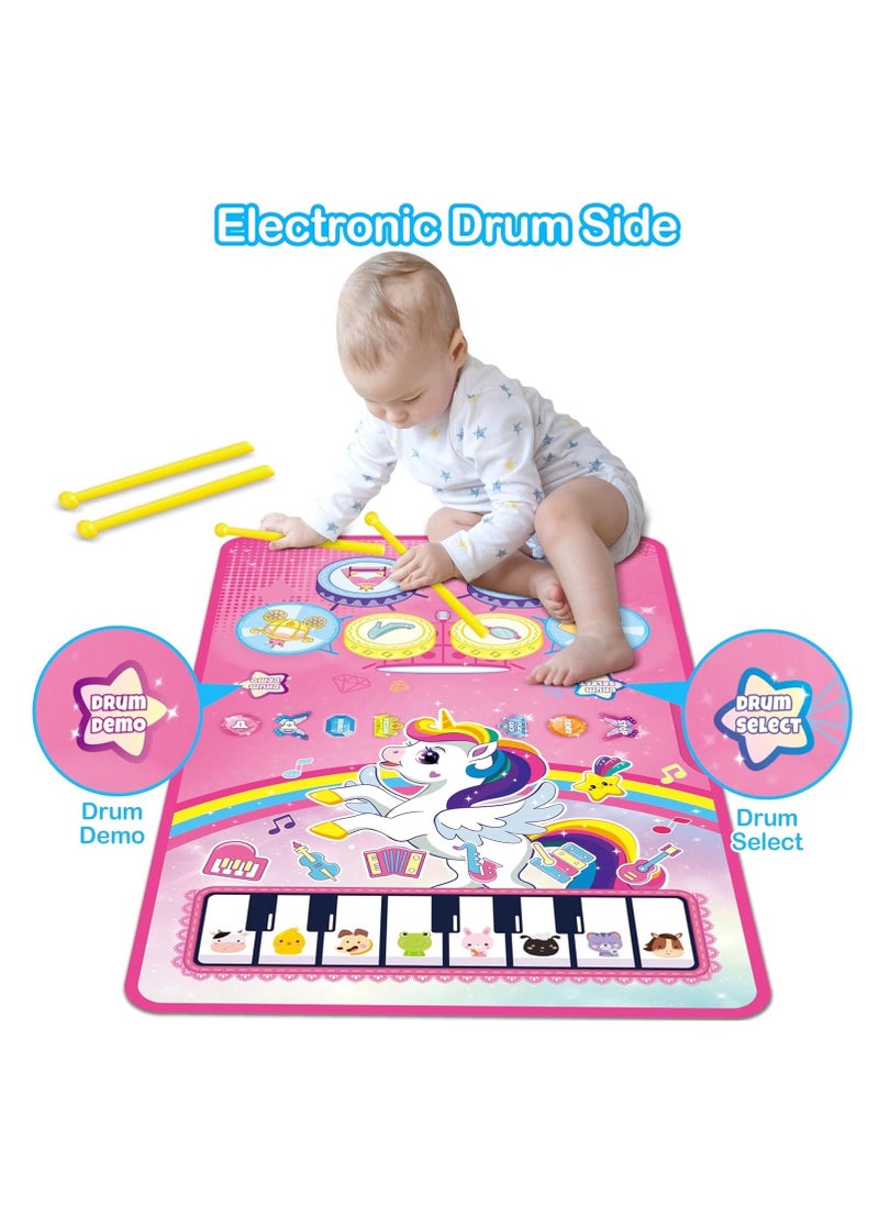 3 in 1 Piano Drum Babies Play Mat, Baby Activity Mat, Musical Toys Baby Floor Piano Drum Keyboard Mat, Piano Keyboard & Drum Animal Touch Unicorn Toys for Girls, Baby Toys (Unicorn Pink)