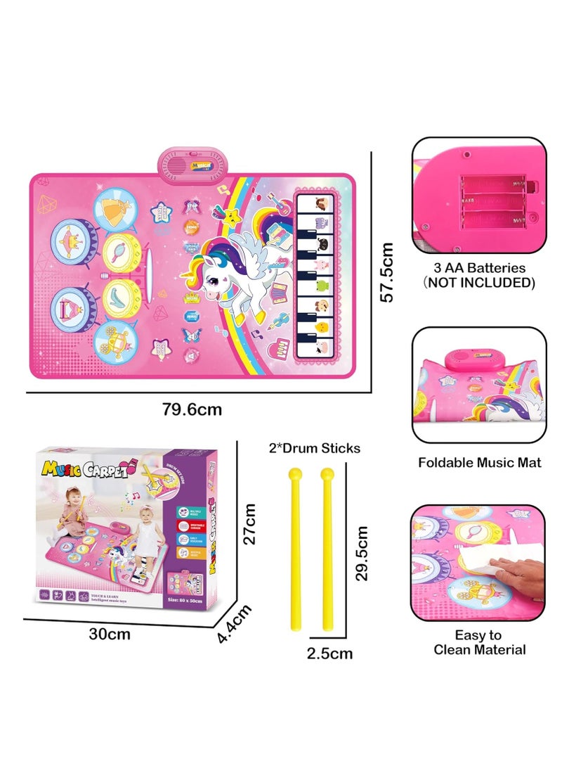 3 in 1 Piano Drum Babies Play Mat, Baby Activity Mat, Musical Toys Baby Floor Piano Drum Keyboard Mat, Piano Keyboard & Drum Animal Touch Unicorn Toys for Girls, Baby Toys (Unicorn Pink)