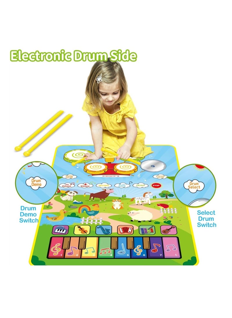 3 in 1 Musical Toys Blanket for Toddlers, Piano Keyboard, Drum Mat with 2 Drum Sticks, Animal Touch Play Blanket, Baby Toys for 12-18 Months