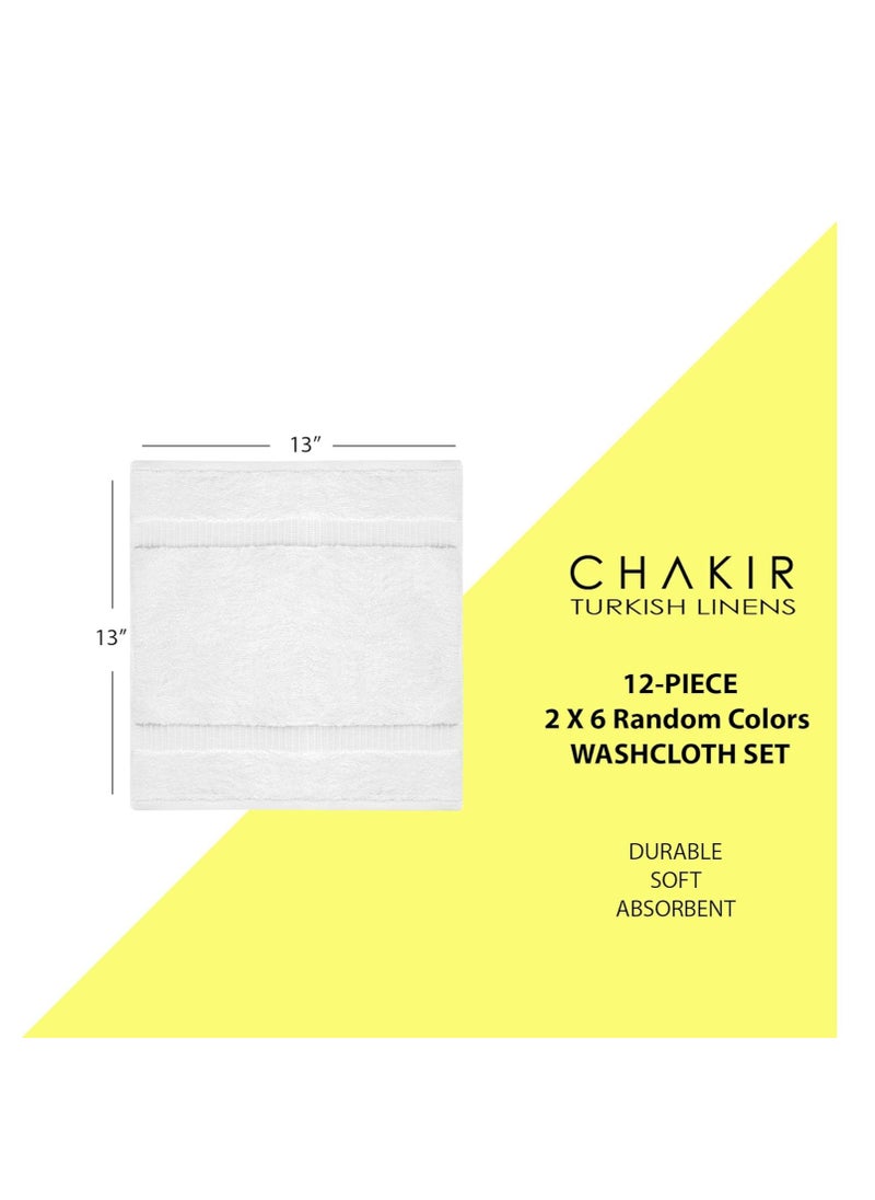 Chakir Turkish Linens Hotel & Spa Quality, Highly Absorbent 100% Cotton Turkish Washcloths (2 X 6 Random Colors - Set of 12)