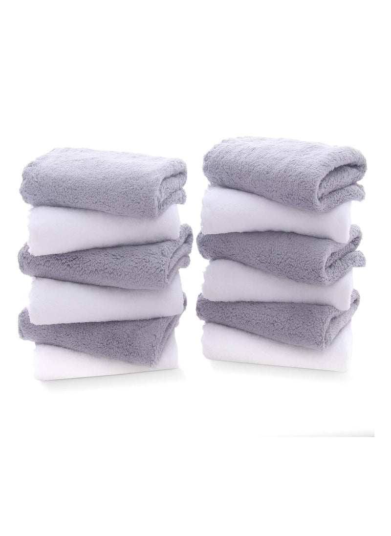 TENSTARS 12 Pack Premium Washcloths Set - Quick Drying- Soft Microfiber Coral Velvet Highly Absorbent Wash Clothes - Multipurpose Use as Bath, Spa, Facial, Fingertip Towel (Grey and White)