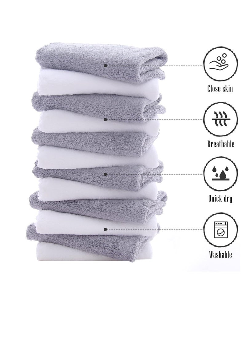 TENSTARS 12 Pack Premium Washcloths Set - Quick Drying- Soft Microfiber Coral Velvet Highly Absorbent Wash Clothes - Multipurpose Use as Bath, Spa, Facial, Fingertip Towel (Grey and White)