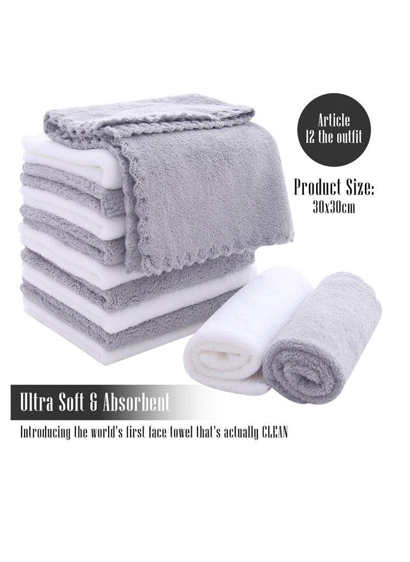 TENSTARS 12 Pack Premium Washcloths Set - Quick Drying- Soft Microfiber Coral Velvet Highly Absorbent Wash Clothes - Multipurpose Use as Bath, Spa, Facial, Fingertip Towel (Grey and White)