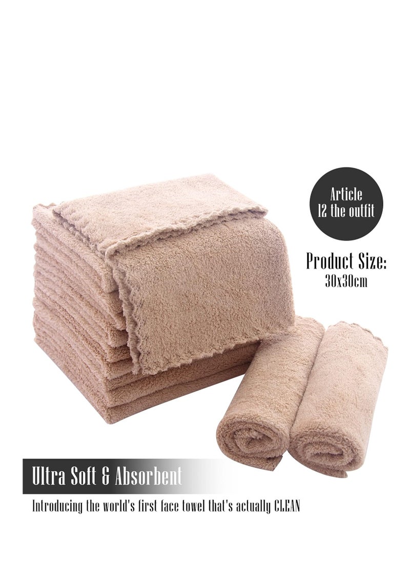 TENSTARS 12 Pack Premium Washcloths Set - Quick Drying - Soft Microfiber Coral Velvet Highly Absorbent Wash Clothes - Multipurpose Use as Bath Fitness, Spa, Facial, Fingertip Towel (Brown)