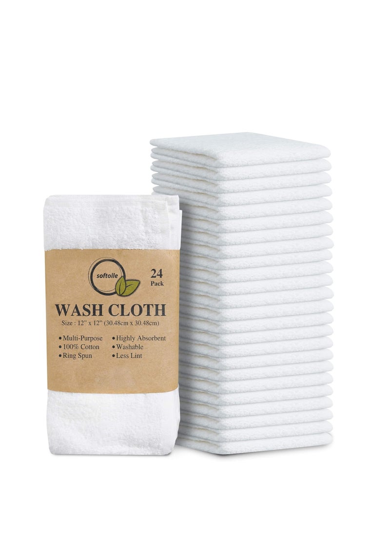 Softolle 100% Cotton Ring Spun Wash Cloths Pack of 24 (12x12 Inches)– Bulk Pack of Washcloths – Wash Cloth for Face, Highly Absorbent, Soft and Face Towels (White)