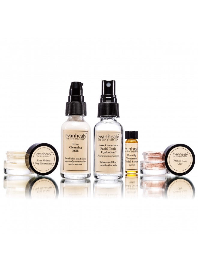 evanhealy Balancing Rose Skin Care Set | 5 Piece Travel Face Care Kit for Combination Skin | Skincare Kit with Facial Mask & Gentle Skin Cleanser | Anti Aging Acne Treatment