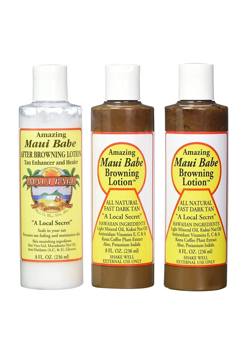 Maui Babe Tanning Pack (2 Browning Lotions 8 oz, 1 After Browning Lotion 8 oz), (Pack of 3)