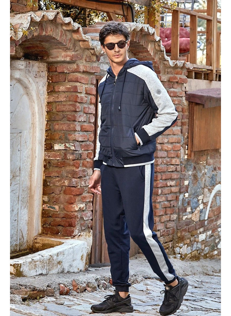 24462 Men's Thick Hooded Tracksuit Set-Navy Blue