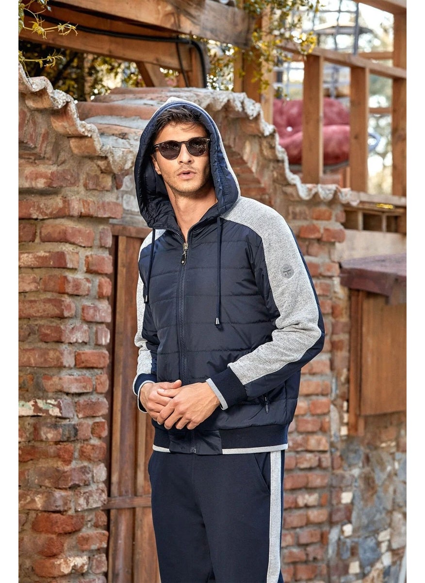 24462 Men's Thick Hooded Tracksuit Set-Navy Blue