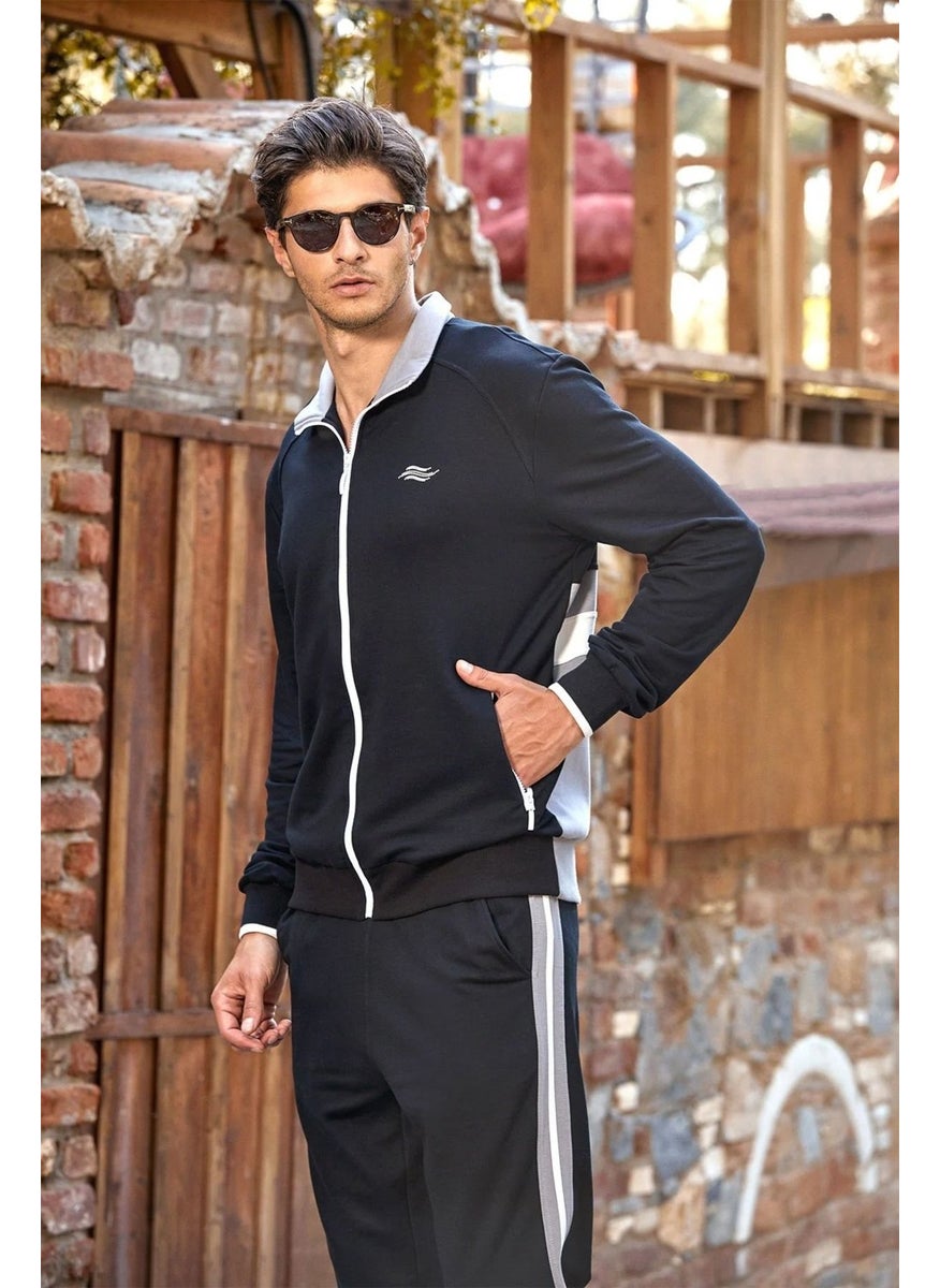 24467 Men's Stand-Up Collar Tracksuit Set-Black