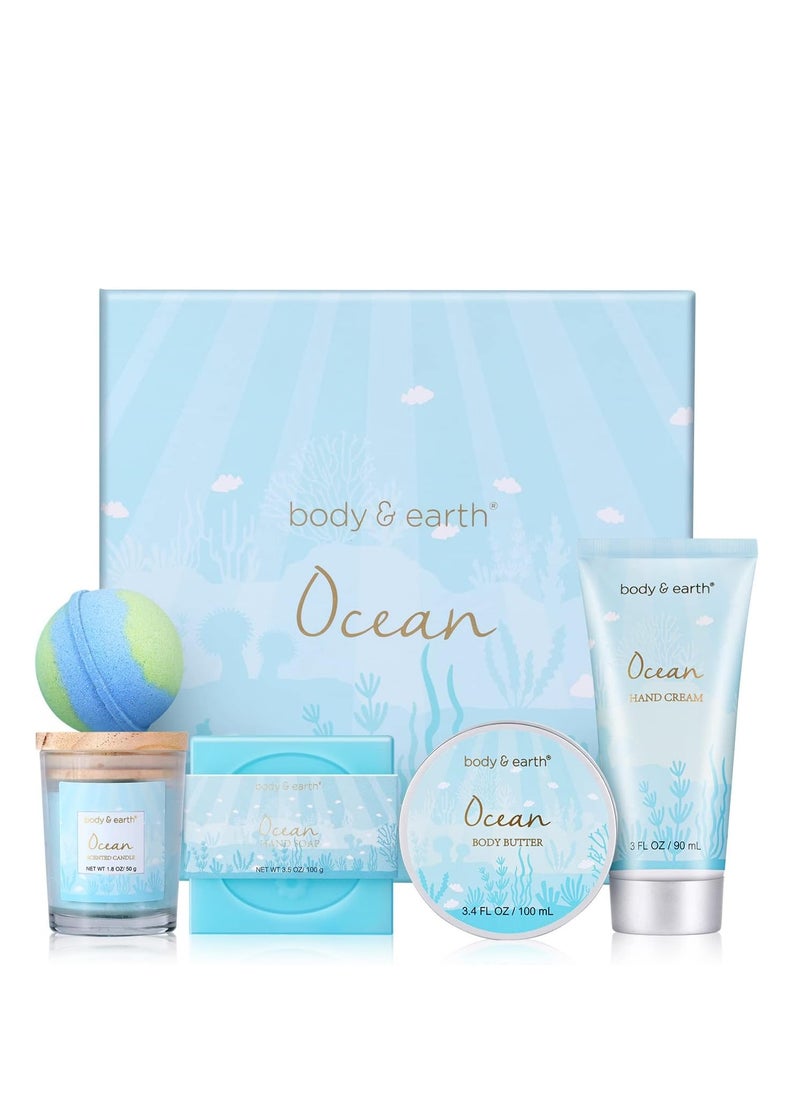 BODY & EARTH Pamper Gifts for Women，5 Pcs Ocean Bath Spa Gift Set Includes Scented Candle，Body Butter，Gifts for Women，Birthday gifts for women，Gift Sets for Women，Relaxation Gifts for Women