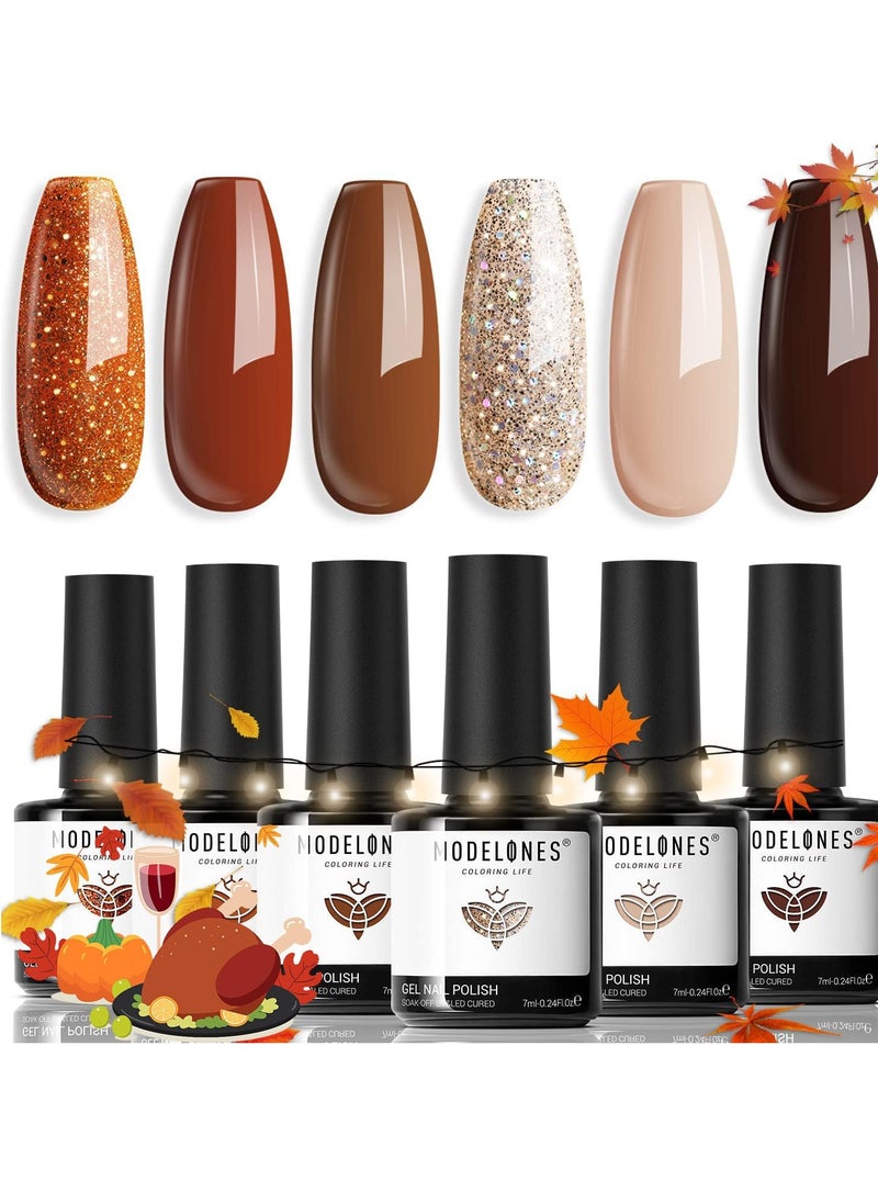 modelones Gel Nail Polish Set, 6 PCS Neutral Nude Brown Gel Polish Fall Colors 2024 Gold Glitter Nail Gel Polish Soak OFF LED Nail Art Gel Kit Manicure Salon DIY Nails Gift