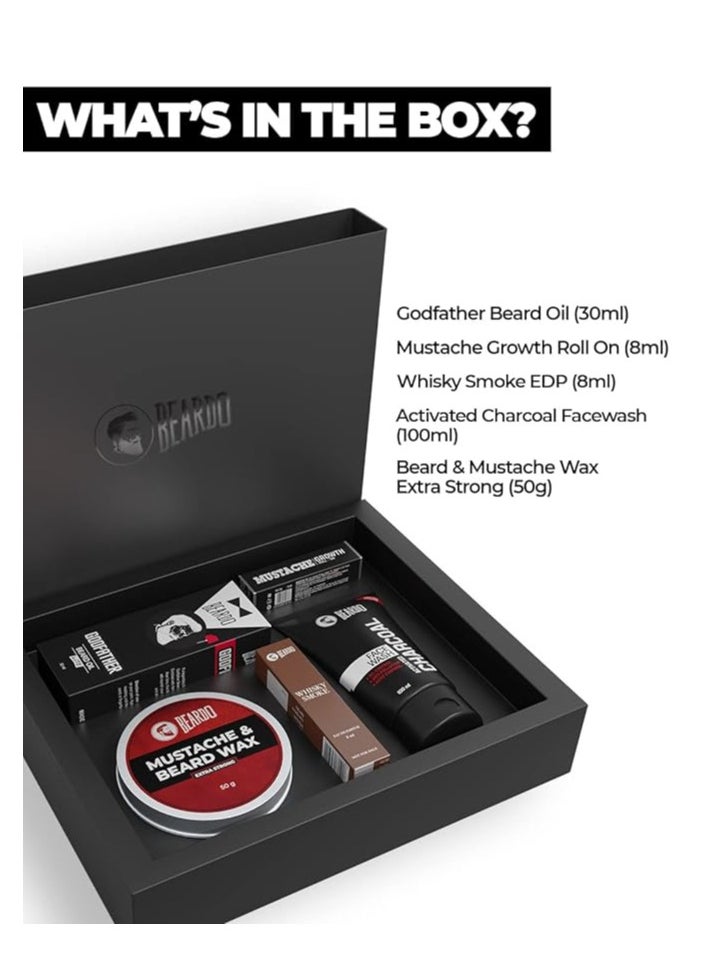 Beardo Gift Box 5-in-1 | Activated Charcoal Facewash 100ml | Godfather Beard oil 30ml | Beardo Beard & Mustache Wax - Extra Strong 50g | Growth Roll on 8ml | Whisky Smoke Perfume for men EDP 8ml | Rakhi Gift for Brother | Friendship Day Gift