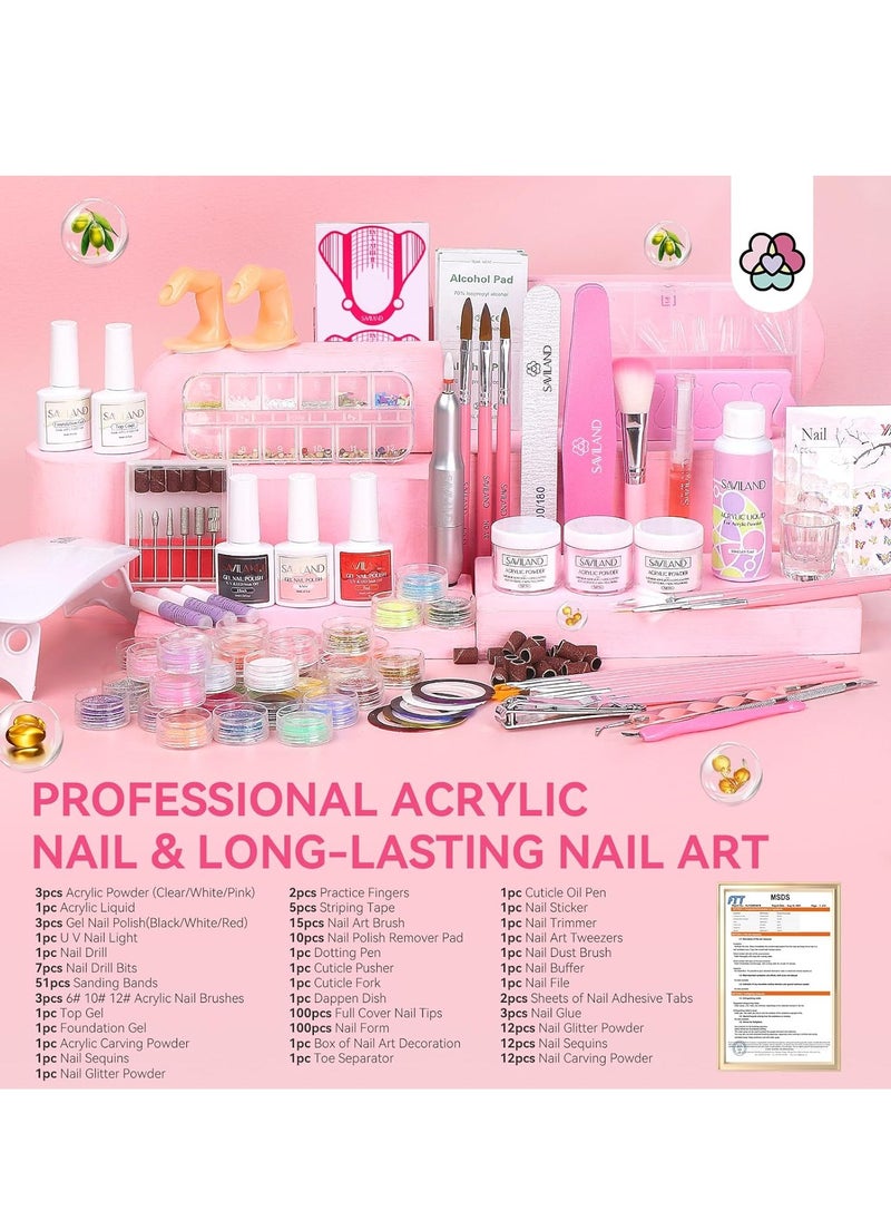 SAVILAND Acrylic Nail Kit with Drill: Professional Nail Kit Acrylic Set for Beginners with Everything Acrylic Powder Gel Nail Polish Nail Decoration U V Nail Light Gift Home Salon Gift Set