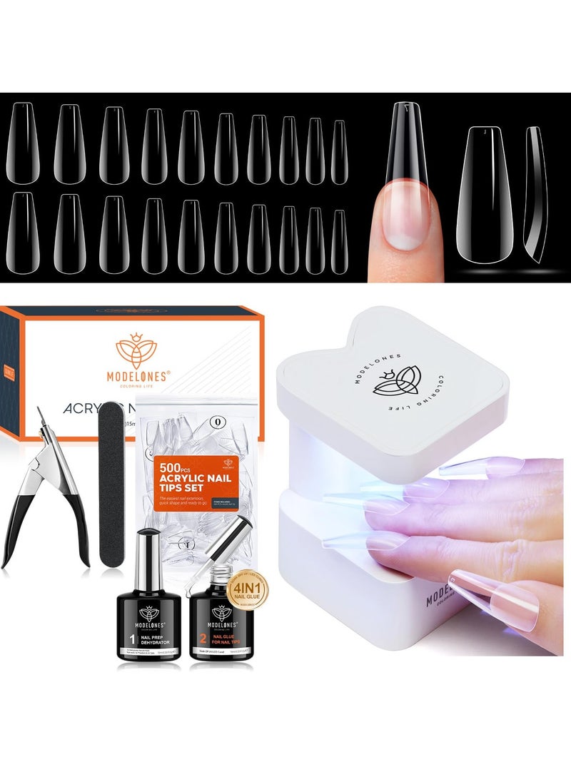 modelones Gel x Nail Kit, Nail Tips and Glue Gel Kit with 4-in-One Nail Glue Gel, 500Pcs Long Coffin Nail, Nail Dehydrator, Ultra-Portable LED Nail Lamp, Gel Nail Extension Kit Salon Gifts for Women