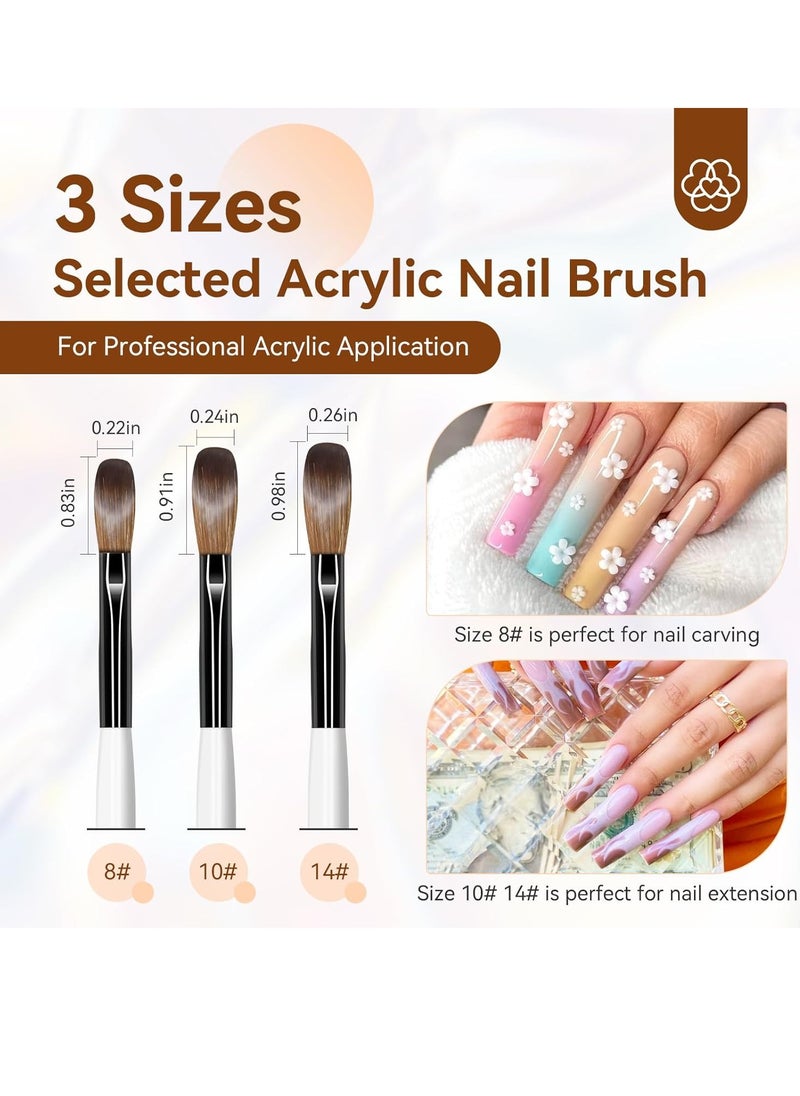 Saviland 3pcs Acrylic Nail Brush Set, Size 8/10/14 Kolinsky Acrylic Nail Brushes for Acrylic Application, Acrylic Powder Nail Art Extension with Black & White Handle for Beginner & Professional