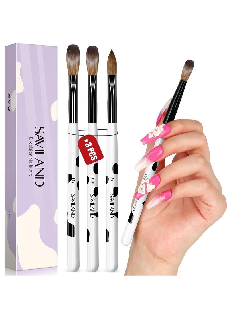 Saviland 3pcs Acrylic Nail Brush Set, Size 8/10/14 Kolinsky Acrylic Nail Brushes for Acrylic Application, Acrylic Powder Nail Art Extension with Black & White Handle for Beginner & Professional