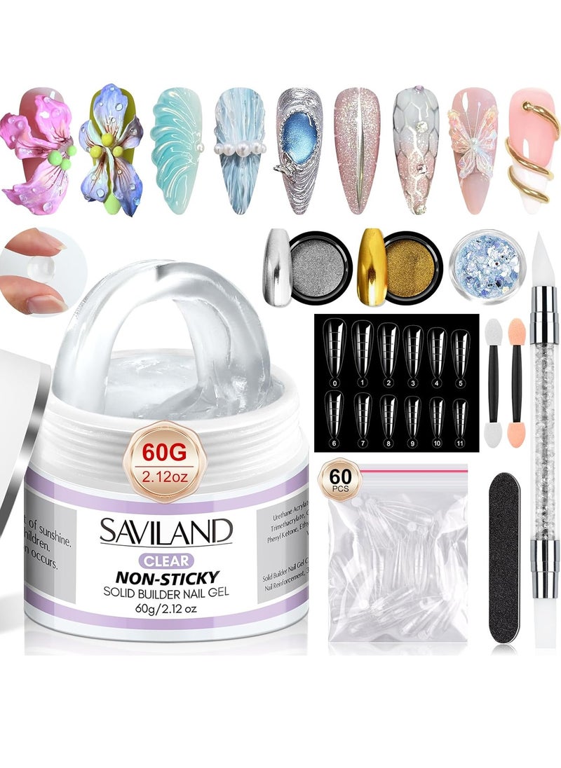 Saviland Solid Builder Nail Gel - 60g Large Capacity 3D Nail Gel Sculpting Gel for Nail Art Non-Sticky Hand Hard Gel Carving Gel Nail Glue Extension Gel with Sequins Chrome Nail Powder DIY Salon Home