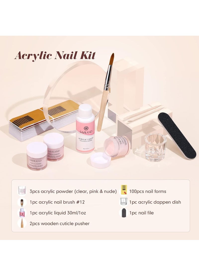 Saviland Acrylic Nail Kit Starter: Clear Pink Nude Acrylic Nail Kit Acrylic Powder & Monomer Acrylic Nail Liquid Acrylic Nail Brush Nail Files Forms Press On Nails Kits Acrylic Set Home Practice